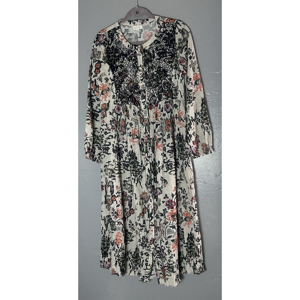Novica Women's Midi Button‎ Down Dress 100% Cotton Size S Oversized Prairie Boho